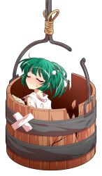 1girl bandaid blush bucket closed_eyes closed_mouth commentary_request dairi damaged green_hair hair_bobbles hair_ornament in_bucket in_container japanese_clothes kimono kisume large_variant_set short_hair solo sweatdrop tachi-e torn_clothes torn_kimono touhou transparent_background two_side_up v-shaped_eyebrows variant_set white_kimono