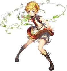 1girl artist_request bad_source bare_arms blonde_hair boots brown_eyes flat_chest floral_print flower full_body game_cg hair_flower hair_ornament ivy_(unitia) official_art open_mouth short_hair skirt solo third-party_source thorns transparent_background unitia