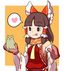 1girl :p animal baby_animal benikurage_(cookie) blunt_bangs bow breasts bright_pupils brown_eyes brown_hair cat closed_mouth collared_shirt commentary_request cookie_(touhou) detached_sleeves dress frilled_bow frilled_hair_tubes frilled_shirt_collar frills fujiko_f_fujio_(style) hair_bow hair_tubes hakurei_reimu heart highres holding holding_animal holding_cat kitten manatsu_no_yo_no_inmu medium_hair mittens miura_cat necktie orange_background parody red_bow red_dress red_mittens ribbon-trimmed_sleeves ribbon_trim shirt sidelocks sleeveless sleeveless_dress small_breasts smile solo spoken_heart style_parody temahiru tongue tongue_out touhou two-tone_background upper_body white_background white_pupils white_sleeves wide_sleeves yellow_necktie