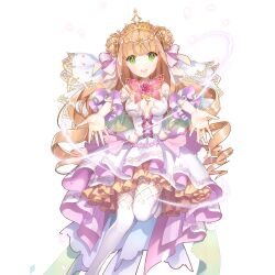 1girl blonde_hair blunt_bangs breasts choker double_bun dress flower flower_choker frilled_dress frills gold_tiara green_eyes hair_bun lina_princella long_hair open_mouth pink_flower pink_rose rose salt_(salty) shoes thighhighs uchi_no_hime-sama_ga_ichiban_kawaii very_long_hair wavy_hair white_dress white_shoes white_thighhighs