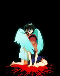 2girls absurdres alien_stage angel_wings arms_around_neck baryumejuya black_background black_dress black_headdress blood blood_on_face blood_on_ground bow commentary dilated_pupils dress earrings frilled_dress frills hair_bow hashtag-only_commentary highres jewelry kneeling medium_hair mizi_(alien_stage) multiple_girls official_alternate_costume pink_hair purple_eyes short_hair sitting sleeveless sleeveless_dress smile sua_(alien_stage) white_bow white_dress white_wings wings yellow_eyes