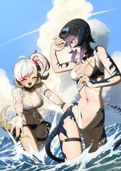 Rule 34 | 2girls, :d, ^ ^, ahoge, au ra, bare arms, bare shoulders, black collar, black hair, blue sky, breasts, closed eyes, cloud, collar, commentary, commission, contrail, dragon girl, dragon tail, english commentary, eyewear on head, final fantasy, final fantasy xiv, gradient hair, highres, horns, medium breasts, multicolored hair, multiple girls, navel, open mouth, purple eyes, purple hair, red hair, scales, short hair, side ponytail, sky, smile, splashing, stomach, sunglasses, swimsuit, tail, teeth, thigh strap, tostantan, two-tone hair, upper teeth only, wading, warrior of light (ff14), water, white hair