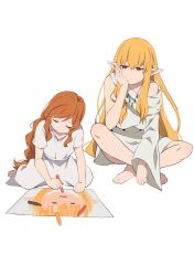 2girls barefoot blonde_hair child closed_mouth commentary crayon crossed_ankles drawing_(action) dress elf flamme_(sousou_no_frieren) full_body hand_on_own_cheek hand_on_own_face head_rest highres holding holding_crayon indian_style jewelry long_hair looking_at_another multiple_girls necklace off_shoulder orange_hair pointy_ears puffy_short_sleeves puffy_sleeves red_eyes serie_(sousou_no_frieren) short_sleeves sidelocks simple_background single_sleeve sitting sousou_no_frieren very_long_hair white_background white_dress yasehattagi