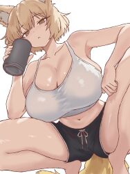 1girl animal_ear_fluff animal_ears bare_arms bare_legs bare_shoulders barefoot black_shorts blush breasts brown_eyes brown_hair can cleavage closed_mouth collarbone commentary_request crop_top drawstring drink_can elbow_on_thigh fox_ears fox_girl fox_tail from_below hair_between_eyes hand_on_own_thigh hands_up highres holding holding_can huge_breasts knees_out_of_frame looking_at_viewer looking_down midriff navel original peace_peace009 short_hair short_shorts shorts simple_background solo spread_legs squatting stomach tail tank_top tiptoes white_background white_tank_top
