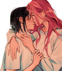 Rule 34 | 2girls, alien stage, black hair, blush, commentary, glasses, hashtag-only commentary, imminent kiss, lesly oh, long hair, mizi (alien stage), multiple girls, parted lips, pink hair, round eyewear, shirt, short hair, sua (alien stage), white background, white shirt, yuri