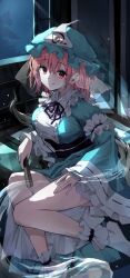 1girl absurdres architecture blue_kimono breasts center_frills commentary_request east_asian_architecture folding_fan frilled_kimono frilled_sleeves frills ghost hair_between_eyes hand_fan hat highres hira-san hitodama japanese_clothes kimono large_breasts looking_at_viewer mob_cap moonlight night pink_eyes pink_hair saigyouji_yuyuko short_hair sitting sleeve_garter smile solo thighs touhou triangular_headpiece wide_sleeves yokozuwari