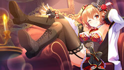 1girl black_bow black_hat bow breasts brown_eyes brown_hair card character_name closed_mouth girlfriend_(kari) hair_ornament hat indoors large_breasts long_hair midriff navel official_art one_eye_closed qp:flapper red_shirt red_skirt ribbon shirt shorts shorts_under_skirt sitting skirt small_hat smile solo tagme tomura_michiru top_hat wink