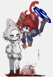 Rule 34 | 2boys, ahoge, animal ears, aotsuki eito, black streaks, blood, blood on clothes, blue eyes, blue jacket, body horror, cat boy, cat ears, cat tail, censored, chibi, christ signboard, eldritch abomination, fish skeleton, floating, glasses, glitch, grey eyes, grey hair, grey jacket, hands in pockets, highres, hood, hoodie, jacket, kemonomimi mode, looking at another, male focus, mosaic censoring, multicolored hair, multicolored jacket, multiple boys, open clothes, open jacket, rabbit boy, rabbit ears, rabbit tail, red hair, short hair, simple background, sparrowhabird, spoilers, streaked hair, sumino takumi, tail, tentacle arm, the hundred line -last defense academy-, trash bag, two-tone jacket, white hoodie, white jacket