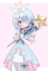1girl absurdres arona_(blue_archive) blue_archive blue_choker blue_dress blue_eyes blue_hair blush child choker dress efu_(ehutan) hair_over_one_eye halo heart heart_halo highres looking_at_viewer magical_girl pantyhose bad_tag short_hair solo white_headwear white_pantyhose
