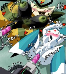 2girls absurdres android aqua_hair blush bouncing_breasts breasts colored_skin heart heart-shaped_pupils highres huge_breasts inker_comics jenny_wakeman joints large_breasts m_legs metal_skin moaning multiple_girls my_life_as_a_teenage_robot nipples open_mouth pussy queen_vexus robot robot_girl simple_background spread_legs symbol-shaped_pupils thighs twintails