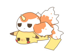 creatures_(company) fish game_freak gen_1_pokemon goldeen horns nintendo no_humans pikachu pokemon pokemon_(creature) single_horn tail
