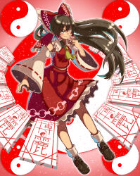 1girl ascot bow brown_eyes brown_hair brown_shoes closed_mouth collared_shirt detached_sleeves frilled_bow frilled_hair_tubes frilled_shirt_collar frilled_skirt frills full_body hair_bow hair_tubes hakurei_reimu highres holding light_smile long_hair looking_at_viewer red_bow red_shirt red_skirt renshirenji ribbon-trimmed_sleeves ribbon_trim sarashi shirt shoes simple_background skirt sleeveless sleeveless_shirt socks solo touhou white_socks wide_sleeves yellow_ascot