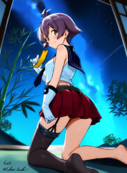 1girl antenna_hair bamboo bare_shoulders beach black_thighhighs closed_mouth commentary_request cropped_shirt eckert&amp;eich elbow_gloves from_below gloves highres holding kantai_collection kneeling looking_at_viewer midriff miniskirt night night_sky one-hour_drawing_challenge outdoors pleated_skirt purple_hair red_skirt sakawa_(kancolle) school_uniform shirt short_hair single_thighhigh skirt sky sleeveless sleeveless_shirt smile solo thighhighs thighs white_gloves white_shirt yellow_eyes
