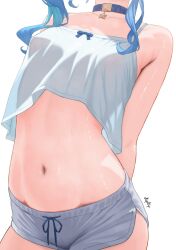 1girl absurdres armpit_crease arms_behind_back blue_choker blue_hair breasts camisole choker collarbone commentary diptip dolphin_shorts drawstring english_commentary grey_shorts head_out_of_frame highres hip_focus hololive hoshimachi_suisei micro_shorts navel shorts signature simple_background small_breasts solo star_(symbol) star_choker stomach sweat virtual_youtuber wavy_hair white_background