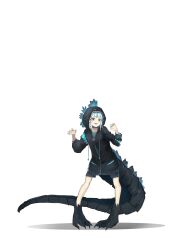 Rule 34 | 1girl, :3, absurdres, baozha agong, black hoodie, black scales, blue eyes, blue mouth, blue nails, blue shirt, blue shorts, blue tongue, breasts, choker, clawed feet, colored tongue, commentary, cosplay, crossover, full body, gawr gura, godzilla, godzilla: king of the monsters, godzilla (cosplay), godzilla (series), godzilla x kong: the new empire, hands up, highres, hololive, hololive english, hood, hood up, hoodie, kaiju, king kong (series), legendary pictures, lizard tail, looking down, monsterverse, no shoes, pale skin, shadow, sharp teeth, shirt, shorts, small breasts, solo, spiked choker, spikes, standing, tail, teeth, toho, virtual youtuber, white hair