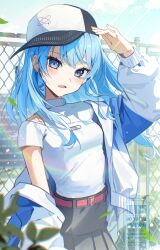1girl absurdres akaike arm_up baseball_cap belt black_skirt blue_eyes blue_hair blue_sky breasts chain-link_fence cloud day earrings fence hat highres hololive hoshimachi_suisei hoshimachi_suisei_(11th_costume) jacket jewelry long_hair looking_at_viewer off_shoulder outdoors red_belt shirt skirt sky small_breasts solo star_(symbol) star_in_eye symbol_in_eye very_long_hair virtual_youtuber white_jacket white_shirt