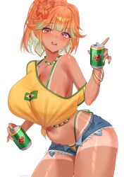 1girl absurdres alternate_costume bead_necklace beads bikini bikini_top_under_shirt bikini_under_shorts blunt_bangs blush brazilian_flag brazilian_flag_print brazilian_miku brazilian_miku_(cosplay) breasts can cleavage colored_inner_hair commentary contrapposto cosplay cowboy_shot cutoffs denim denim_shorts drink_can earrings exposed_pocket fingernails flag_print flower gradient_hair green_hair green_nails hair_flower hair_ornament hand_up hatsune_miku high_ponytail highleg highleg_bikini highres holding holding_can hololive hololive_english jewelry large_breasts looking_at_viewer medium_hair micro_shorts multicolored_hair multicolored_nails nail_polish navel necklace open_fly open_mouth orange_hair pink_eyes ponytail shirt shorts side-tie_bikini_bottom simple_background single_off_shoulder sinonamon smile soda_can solo swimsuit takanashi_kiara tan tanline tied_shirt virtual_youtuber vocaloid white_background yellow_bikini yellow_nails