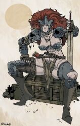 1girl 2024 abs arm_guards armor artist_name asymmetrical_legwear belt bikini_armor boots breasts brown_boots choker cleavage clenched_hand collarbone commentary commission english_commentary female_champion_(traumatarium) female_focus fingerless_gloves furrowed_brow gloves greatsword grey_background hand_on_own_knee helmet highres ho-uja holding holding_sword holding_weapon knee_boots large_breasts leaning_forward legs_apart loincloth long_hair looking_at_viewer messy_hair muscular muscular_arms muscular_female muscular_legs necktie planted planted_sword planted_weapon red_eyes red_hair scar scar_on_breasts scar_on_chest scar_on_knee scar_on_leg scar_on_stomach serious shoulder_armor simple_background sitting solo sword thick_thighs thighhighs thighs toned toned_female torn_clothes traumatarium_penitent treasure_chest v-shaped_eyebrows vambraces very_long_hair warrior weapon