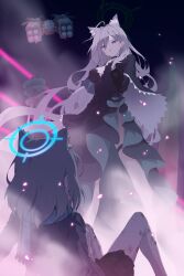 2girls absurdres aiming animal_ear_fluff animal_ears black_dress black_skirt blue_archive blue_eyes blue_jacket blue_scarf breasts cross_hair_ornament dress drone from_behind gatling_gun grey_hair hair_between_eyes hair_ornament highres injury jacket large_breasts long_hair medium_hair minigun multiple_girls scarf shiroko_(blue_archive) shiroko_terror_(blue_archive) sidelocks skirt thigh_strap u.rang wolf_ears wolf_girl