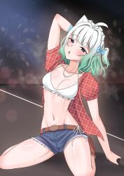 absurdres ahoge arm_behind_head belt bikini bikini_top_only blue_eyes bra breasts cleavage cosplay denim denim_shorts ghost_girl ghost_hair_ornament gradient_hair green_hair highres indie_virtual_youtuber jewelry kwon_eun-bi kwon_eun-bi_(cosplay) maid_headdress mint_fantome mint_fantome_(minto_2.0) multicolored_hair navel necklace open_clothes open_mouth open_shirt red_shirt shirt shorts solo swimsuit triangular_headpiece underwear virtual_youtuber white_bra white_headdress xanadu_avici