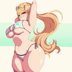 1girl armpits arms_up ass benbeau bikini blonde_hair blush breasts collarbone covered_erect_nipples cowboy_shot curvy diadem female_focus floating_hair highres large_breasts long_hair looking_at_viewer matching_hair/eyes mythra_(xenoblade) navel nintendo open_mouth shiny_skin side-tie_bikini_bottom skindentation solo standing swimsuit thick_thighs thighs underboob very_long_hair wide_hips xenoblade_chronicles_(series) xenoblade_chronicles_2 yellow_eyes