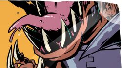 Rule 34 | cyborg, digimon, digimon (creature), dinosaur, glint, metalgreymon, open mouth, orange background, ridgeone, saliva, sharp teeth, simple background, solo, teeth, tongue, tongue out, thumbnail collage