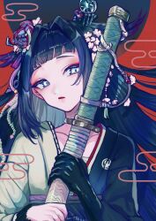 1girl arknights black_gloves black_hair black_kimono blue_eyes flower gloves gugusku_2714 hair_flower hair_ornament hair_wings highres japanese_clothes katana kimono long_hair looking_at_viewer mio_(arknights) pink_flower single_glove solo sword two-tone_kimono upper_body weapon white_kimono