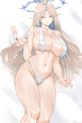 1girl absurdres bare_shoulders bikini blonde_hair blue_eyes blush breasts cleavage crown_of_thorns fleurdelys_(wuthering_waves) food highleg highleg_bikini highres horns huge_breasts long_hair looking_at_viewer navel nuo_(fttv3255) parted_bangs pointy_ears popsicle sideboob single_horn smile solo swimsuit thick_thighs thighs white_bikini wide_hips wuthering_waves