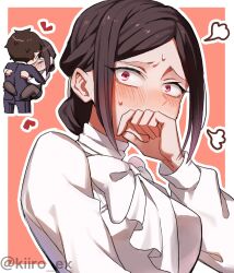 1boy 1girl aijou_rentarou artist_name black_hair black_pantyhose blush bow bowtie chibi chibi_inset closed_eyes commentary constricted_pupils covering_own_mouth hair_bun heart hetero highres hiiro_(kiiro_ex) hug kimi_no_koto_ga_dai_dai_dai_dai_daisuki_na_100-nin_no_kanojo leg_lock long_sleeves looking_at_viewer morikita_kimari multiple_views outline pantyhose parted_bangs puff_of_air puffy_long_sleeves puffy_sleeves red_background red_eyes shirt simple_background solo_focus twitter_username upper_body white_bow white_bowtie white_outline white_shirt