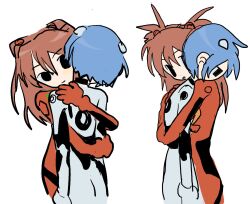 2girls ayanami_rei blue_hair bodysuit hug interface_headset_(evangelion) long_hair mecha_pilot_suit multiple_girls multiple_views neon_genesis_evangelion plugsuit_(evangelion) puchi677 red_bodysuit red_hair short_hair simple_background souryuu_asuka_langley white_background white_bodysuit