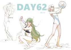 3girls absurdres alternate_costume aotu_world arms_up ball bare_legs barefoot beachball bikini black_bikini blush breasts chinese_commentary cleavage closed_eyes closed_mouth dated elbow_gloves full_body genderswap genderswap_(mtf) gloves green_eyes green_hair hair_between_eyes hair_down highres holding holding_ball large_breasts long_hair macchiato_bi_guanzhong medium_breasts multiple_girls navel numbered one-piece_swimsuit one_eye_closed partially_colored pointy_ears red_eyes short_hair simple_background sketch smile splashing standing stretching swimsuit very_long_hair water wet white_background white_gloves white_hair white_one-piece_swimsuit xander_(aotu_world) zain_(aotu_world)