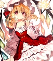 1girl alternate_costume blonde_hair blush closed_mouth collarbone commentary cowboy_shot crystal dress dutch_angle flandre_scarlet fuepo hat long_hair long_sleeves looking_at_viewer mob_cap puffy_long_sleeves puffy_sleeves red_dress red_eyes smile solo symbol-only_commentary touhou white_dress white_hat wings