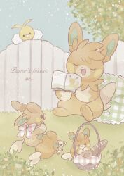 alternate_color animal_focus baguette black_eyes blue_sky book bread closed_eyes commentary evolutionary_line fence food gen_1_pokemon gen_2_pokemon gen_3_pokemon highres nintendo no_humans one_(chirufhy) open_book orange_fur pawmi pawmo pawmot picnic pikachu pillow pokemon pokemon_(creature) shiny_pokemon sitting sky smile stuffed_animal stuffed_toy swablu symbol-only_commentary tail teddiursa teddy_bear tree