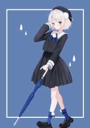 1girl absurdres beret black_hat black_jacket black_shoes black_skirt blue_background blue_socks blunt_bangs blush border buttons closed_umbrella double-breasted from_side full_body grey_hair hair_ornament hand_in_own_hair hat highres holding holding_umbrella jacket loafers long_sleeves looking_at_viewer mocchan_(mo_chan0225) parted_lips pinstripe_jacket pinstripe_pattern pinstripe_skirt pleated_skirt pom_pom_(clothes) pom_pom_hair_ornament school_uniform shoes short_hair simple_background skirt sleeve_cuffs socks solo swept_bangs ui_(voisona) umbrella voisona white_border