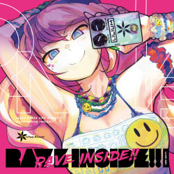 1girl album_cover armpits arms_up bead_bracelet bead_necklace beads blue_pupils bracelet breasts cleavage cover english_text highres holding j-core jewelry lilium_records long_hair looking_at_viewer medium_breasts necklace object_request official_art purple_eyes purple_hair raver second-party_source smile smiley_face solo strapless tube_top white_tube_top woofycakes