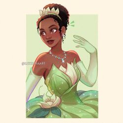 1girl artist_name bare_shoulders brown_eyes brown_hair dark-skinned_female dark_skin dress elbow_gloves gloves green_dress green_gloves jewelry leaf_dress looking_to_the_side luztapiaart necklace plant_clothing solo strapless strapless_dress the_princess_and_the_frog tiana_(the_princess_and_the_frog) watermark