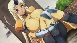 1girl artist_request belt black_boots blonde_hair boots breasts coat dark-skinned_female dark_skin door elbow_pads fang game_cg gauntlets horns huge_breasts knee_pads long_hair looking_at_viewer monster_musume_no_iru_nichijou monster_musume_no_iru_nichijou_online official_art on_floor open_mouth outdoors plant pointy_ears red_eyes shoulder_pads single_horn sitting solo tionishia yellow_coat