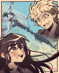 1boy 2girls absurdres akaiguarts black_hair chainsaw_man collared_shirt couple cross_scar crying crying_with_eyes_open denji_(chainsaw_man) facial_scar hetero highres long_hair mitaka_asa multiple_girls open_mouth ringed_eyes scar scar_on_cheek scar_on_face scar_on_nose shirt tears white_shirt yoru_(chainsaw_man)