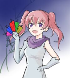 1girl absurdres arm_up bare_shoulders facing_viewer fire_emblem fire_emblem:_the_blazing_blade hair_between_eyes hand_on_own_hip highres kwz_ini looking_at_viewer nintendo pink_hair purple_eyes purple_scarf scarf serra_(fire_emblem) solo twintails upper_body