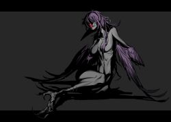 1girl bird_girl breasts full_body grey_background grey_skirt greyscale hair_censor highres juerucj letterboxed long_hair mole monochrome monster_girl original outside_border purple_hair purple_wings red_eyes ribbon shadow skirt solo talons thighhighs winged_arms wings