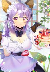 1girl ahoge animal_ears apron bat_ears bat_girl bat_wings black_skirt blueberry blurry blurry_background blush breasts brown_wings cleavage closed_mouth commission depth_of_field food fork frilled_apron frills fruit gloves hair_between_eyes hanging_plant holding holding_fork holding_plate indie_virtual_youtuber indoors kou_hiyoyo long_hair looking_at_viewer medium_breasts miyako_echo pancake pancake_stack plate puffy_short_sleeves puffy_sleeves purple_eyes purple_hair shirt short_sleeves side_ponytail skeb_commission skirt smile solo strawberry virtual_youtuber white_apron white_gloves white_shirt window wings