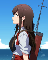 Rule 34 | 1girl, akagi (kancolle), black hair, blue sky, brown eyes, cloud, commentary request, day, hakama, highres, horizon, japanese clothes, kantai collection, kimono, long hair, mast, muneate, necono (nekonosora1207), ocean, one-hour drawing challenge, outdoors, profile, quiver, red hakama, sky, solo, tasuki, upper body, white kimono