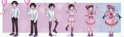 ! ... 1boy 1girl absurdres balloon bat_wings black_hair black_shoes blue_hair brown_eyes brown_pants dress elisabetlis genderswap genderswap_(mtf) hat hat_ribbon highres holding holding_balloon medium_hair multicolored_hair open_mouth original pants pink_dress pink_hat pink_shoes pink_socks red_eyes remilia_scarlet ribbon sequential shirt shoes socks surprised tears touhou transformation transforming_clothes two-tone_hair wavy_hair white_shirt wings wiping_tears