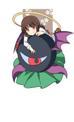 Rule 34 | 1girl, bow, braid, brown hair, evil eye sigma, hair bow, halo, haya taro pochi, one-eyed, red eyes, rika (touhou), shirt, smile, touhou, touhou (pc-98), twin braids, wings