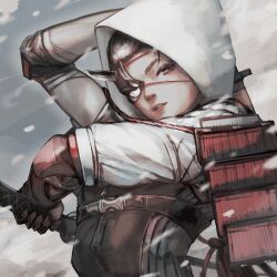 1boy absurdres androgynous black_hair brown_eyes commentary_request eyepatch fantasy highres holding holding_behind_back holding_sword holding_sword_behind_back holding_weapon holding_weapon_behind_back hood hood_up hooded_jacket jacket looking_at_viewer male_focus original outdoors parted_lips short_hair slit_pupils snowing soleil_(soleilmtfbwy03) solo sword weapon