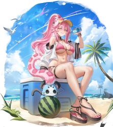Rule 34 | 1girl, absurdres, alternate costume, animal ear fluff, animal ears, aoi 13, beach, bikini, blue sky, bottle, breasts, chattino (raora panthera), cleavage, cloud, cloudy sky, commentary request, crossed ankles, day, extra ears, feet, food, fruit, highres, holding, holding bottle, hololive, hololive english, large breasts, long hair, looking at viewer, mixed-language commentary, mountainous horizon, nail polish, navel, ocean, outdoors, palm tree, panther ears, panther girl, panther tail, pink bikini, pink hair, plastic bottle, ponytail, raora panthera, sandals, sky, smile, spilling, stomach, swimsuit, tail, thigh strap, thighs, toenail polish, toenails, toes, tree, virtual youtuber, water bottle, watermelon, yellow eyes