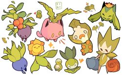 :&gt; ^_^ black_eyes blue_flower blue_rose blush_stickers budew bug cacnea closed_eyes commentary english_commentary fangs fangs_out flower gen_1_pokemon gen_2_pokemon gen_3_pokemon gen_4_pokemon gen_5_pokemon heart highres hoppip leaf nintendo no_humans oddish petilil plant pokemon pokemon_(creature) pokemon_focus red_eyes red_flower red_rose rose roselia_(pokemon) sewaddle signature simple_background solid_oval_eyes sparkle sunflora tiki_(tikivt) white_background yellow_eyes