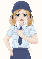 1girl absurdres blonde_hair blue_shirt blue_skirt collared_shirt disgust grey_eyes hair_ornament hairclip hat highres looking_at_viewer miyahara_takuya mole mole_under_eye necktie open_mouth police police_hat police_uniform policewoman shirobako shirt short_sleeves short_twintails skirt solo twintails whistle yano_erika