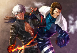 2boys abs android arimi_rio_(baubau) bare_pectorals black_jacket black_pants blue_eyes brown_eyes brown_hair collarbone cross dark-skinned_male dark_skin unworn_eyewear fingerless_gloves fire furrowed_brow gloves hair_slicked_back holding holding_removed_eyewear jacket jewelry k&#039;_(kof) leather leather_jacket leather_pants looking_ahead looking_to_the_side male_focus maxima multiple_boys necklace no_shirt open_clothes open_jacket open_mouth pants parted_lips pectoral_cleavage pectorals pyrokinesis short_hair sideburns simple_background skin_tight smoke sunglasses the_king_of_fighters unworn_eyewear v-shaped_eyebrows white_hair
