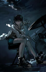 1girl absurdres bang_dream! bang_dream!_it&#039;s_mygo!!!!! black_shoes blue_skirt chinese_commentary commentary_request drum drum_set drumsticks floating_hair highres holding holding_drumsticks instrument jacket lemtun mole mole_under_eye purple_eyes school_uniform shiina_taki shoes sitting skirt solo three-quarter_sleeves white_jacket